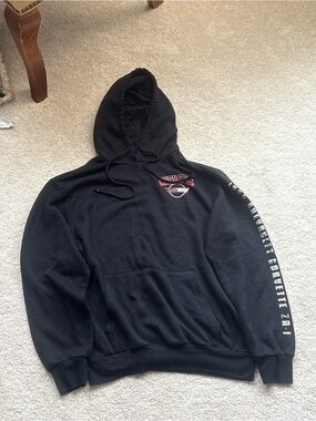 Black Pullover Hoodie with Chest Logo and Sleeve Text - Men